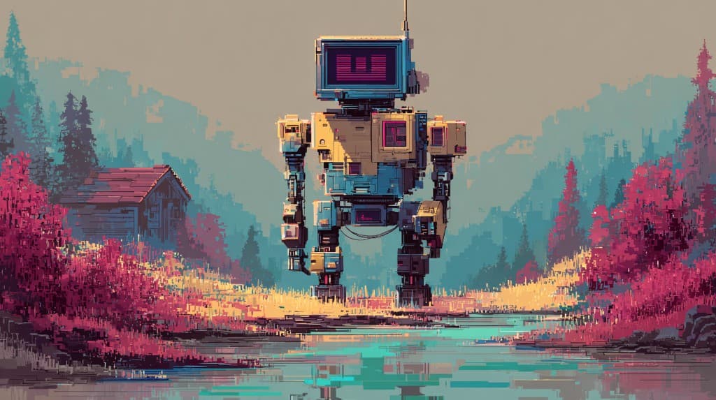 Pixel-art robot with a monitor for a head, standing in a stylized landscape